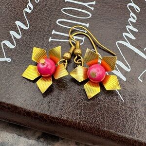Vintage Flower Dangle Earrings Brass Pink Bead